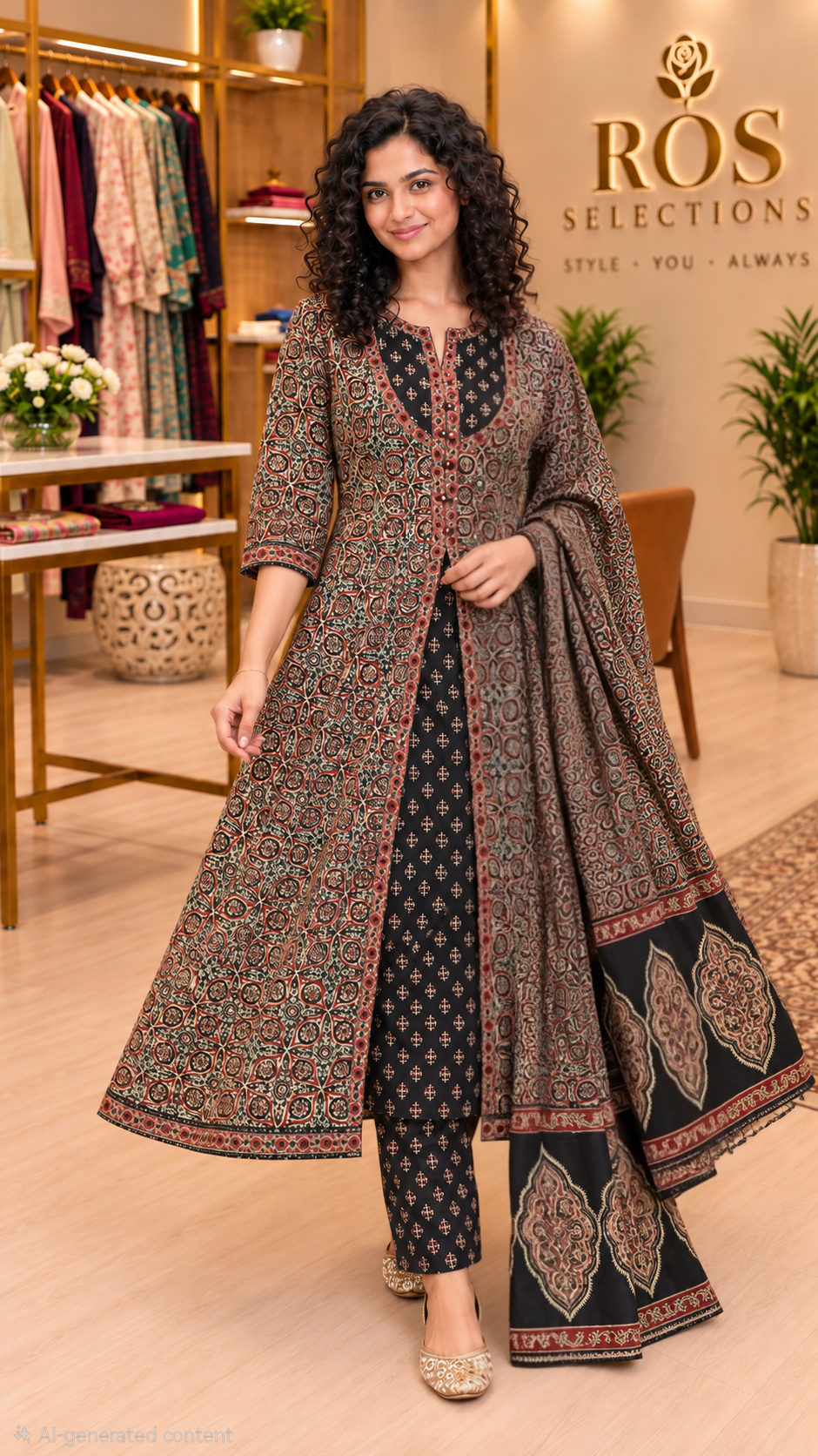 Pure cotton ajrak anarkali set with jacket