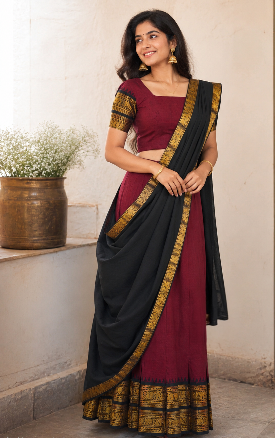 Beautiful Pure Kanchi cotton ready to wear dhavani set