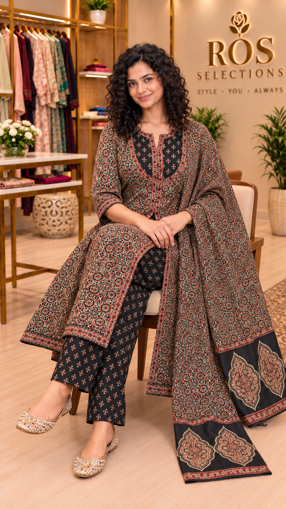 Pure cotton ajrak anarkali set with jacket