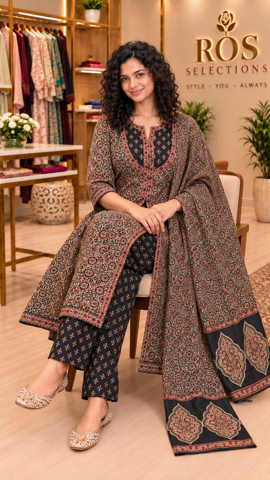 Pure cotton ajrak anarkali set with jacket