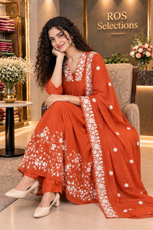 Women's chinnon embroidered churidar set