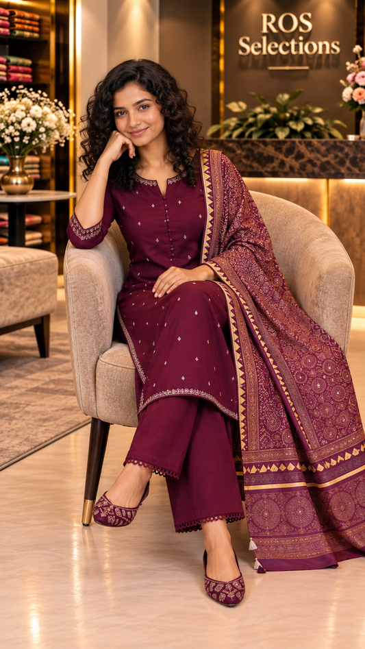 Women's Kerala Kurti set - wine colour