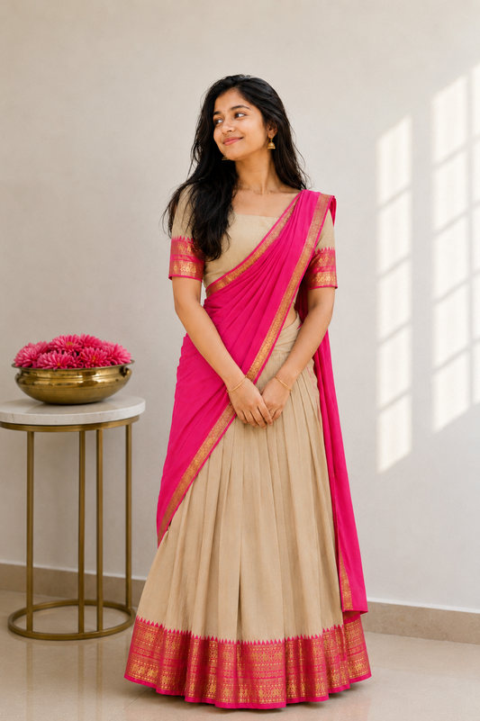 Beautiful Pure Kanchi cotton ready to wear dhavani set