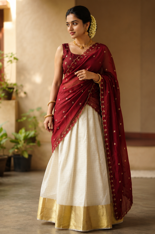 Beautiful organza ready to wear dhavani set
