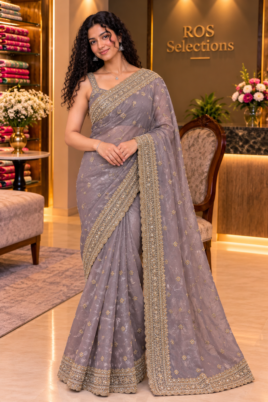 Indian party wear tissue shimmer heavy worked saree