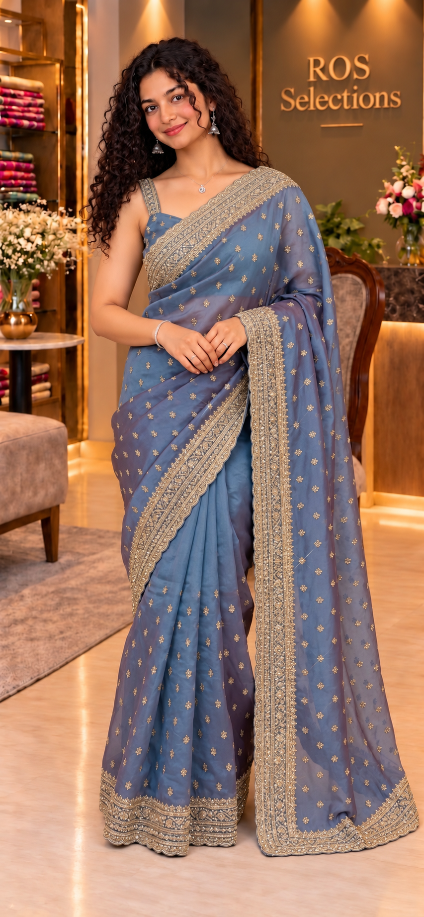 Indian party wear tissue shimmer heavy worked saree