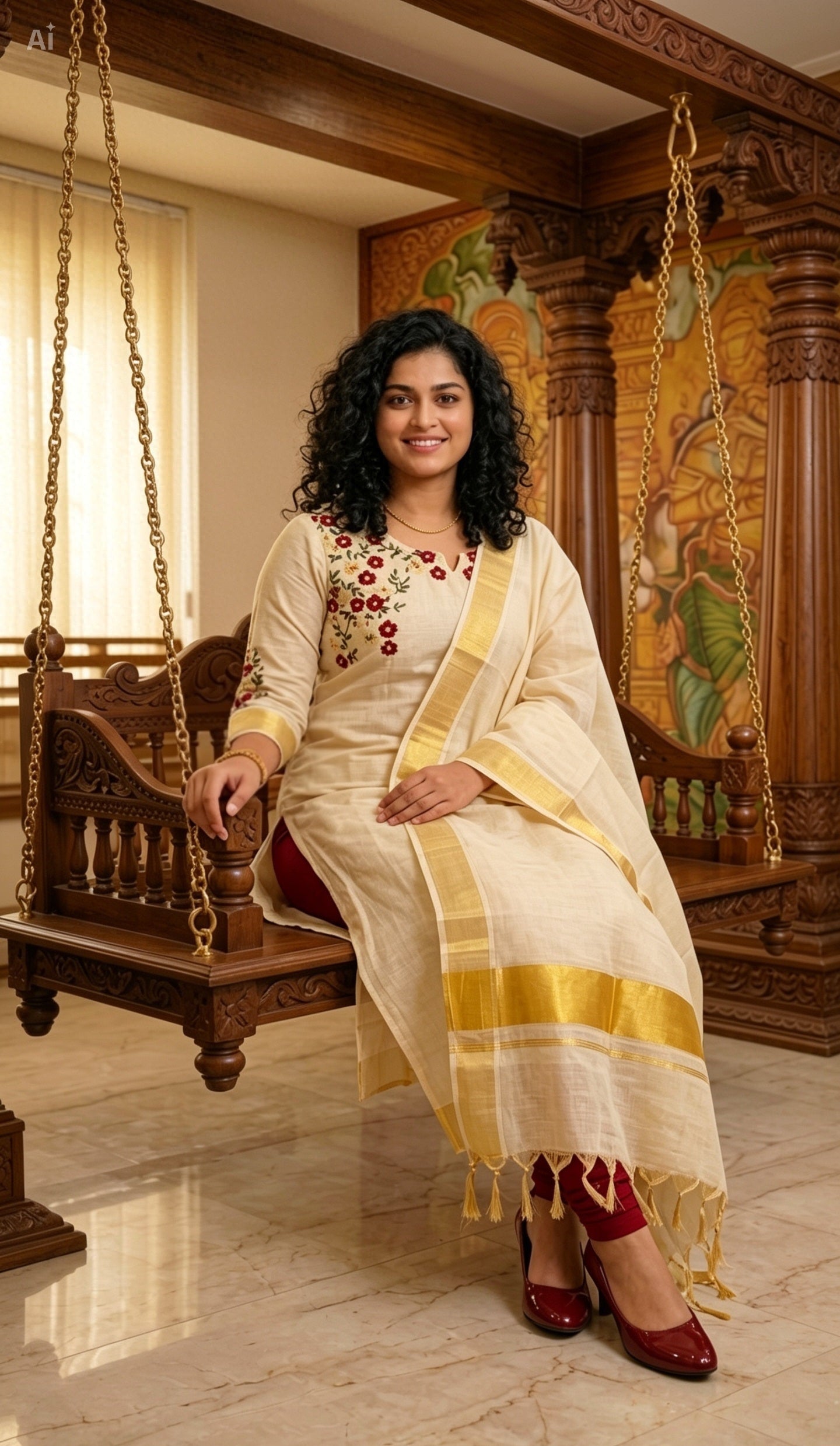 Beautiful embroidered Onam tissue three piece suit