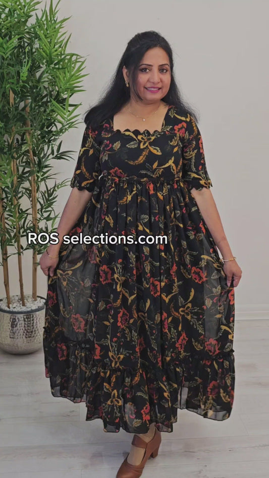 Soft chiffon floral  flared dress