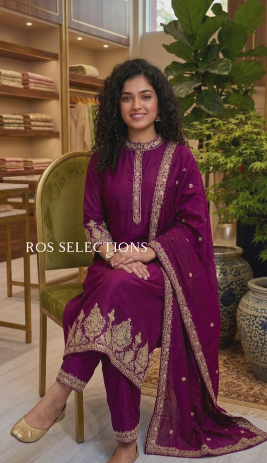 Semi silk embroidered three piece set 💕 ( ready to wear)