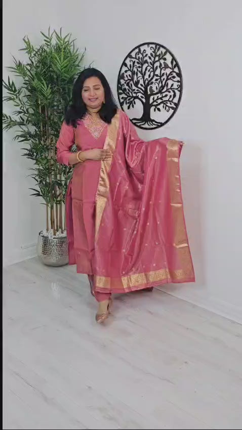 Beautiful silk embroidered three piece suit with banarasi dupatta