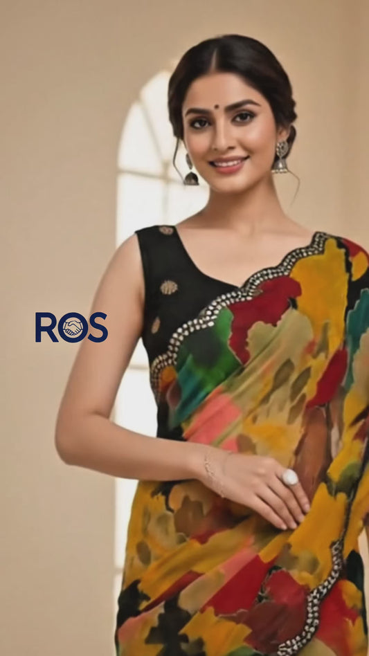 Soft chiffon saree featuring delicate scalloped edges.