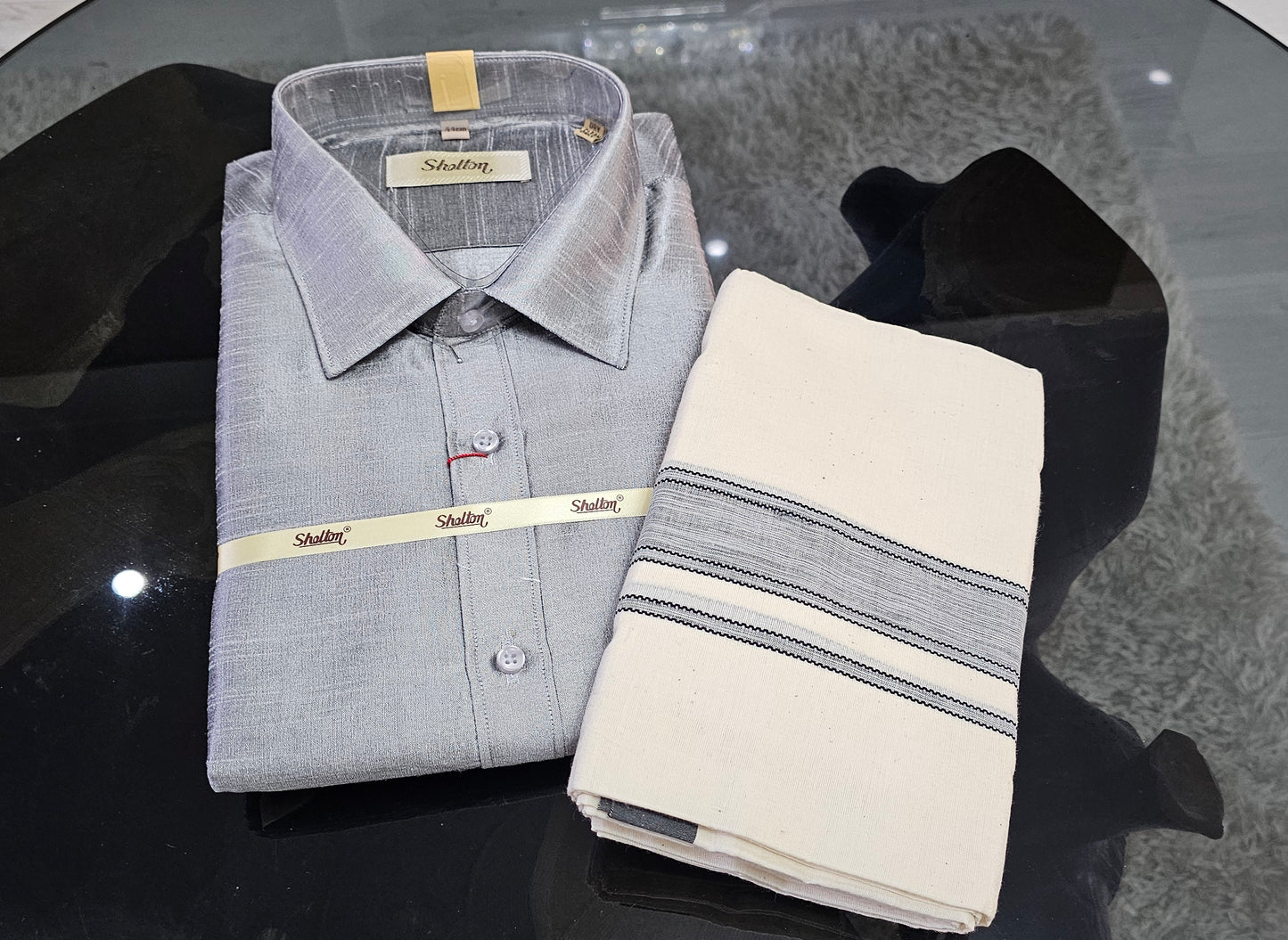 Grey silk Shirt and Mundu