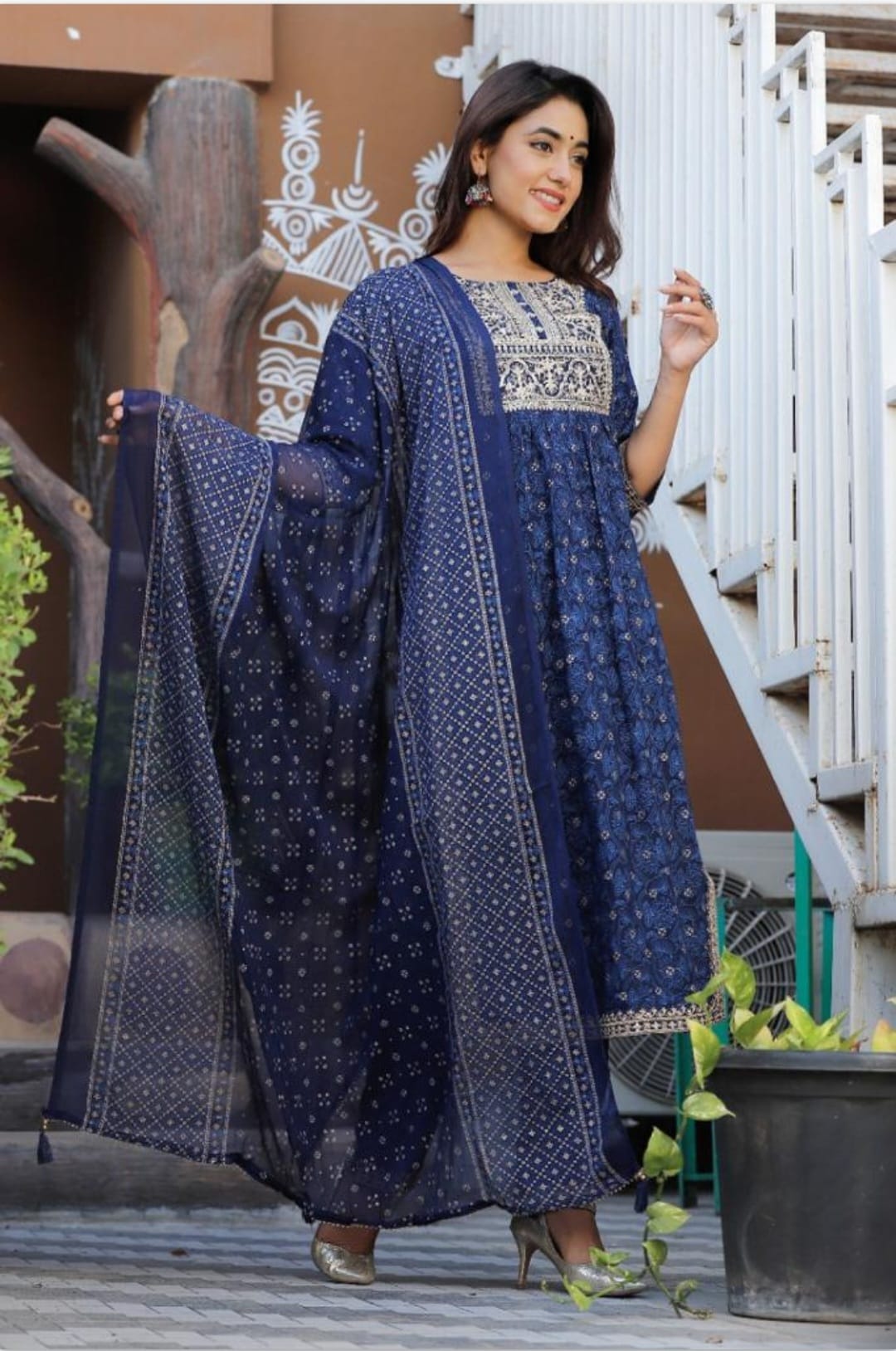 Heavy embroidered cotton printed three piece suit with dupatta