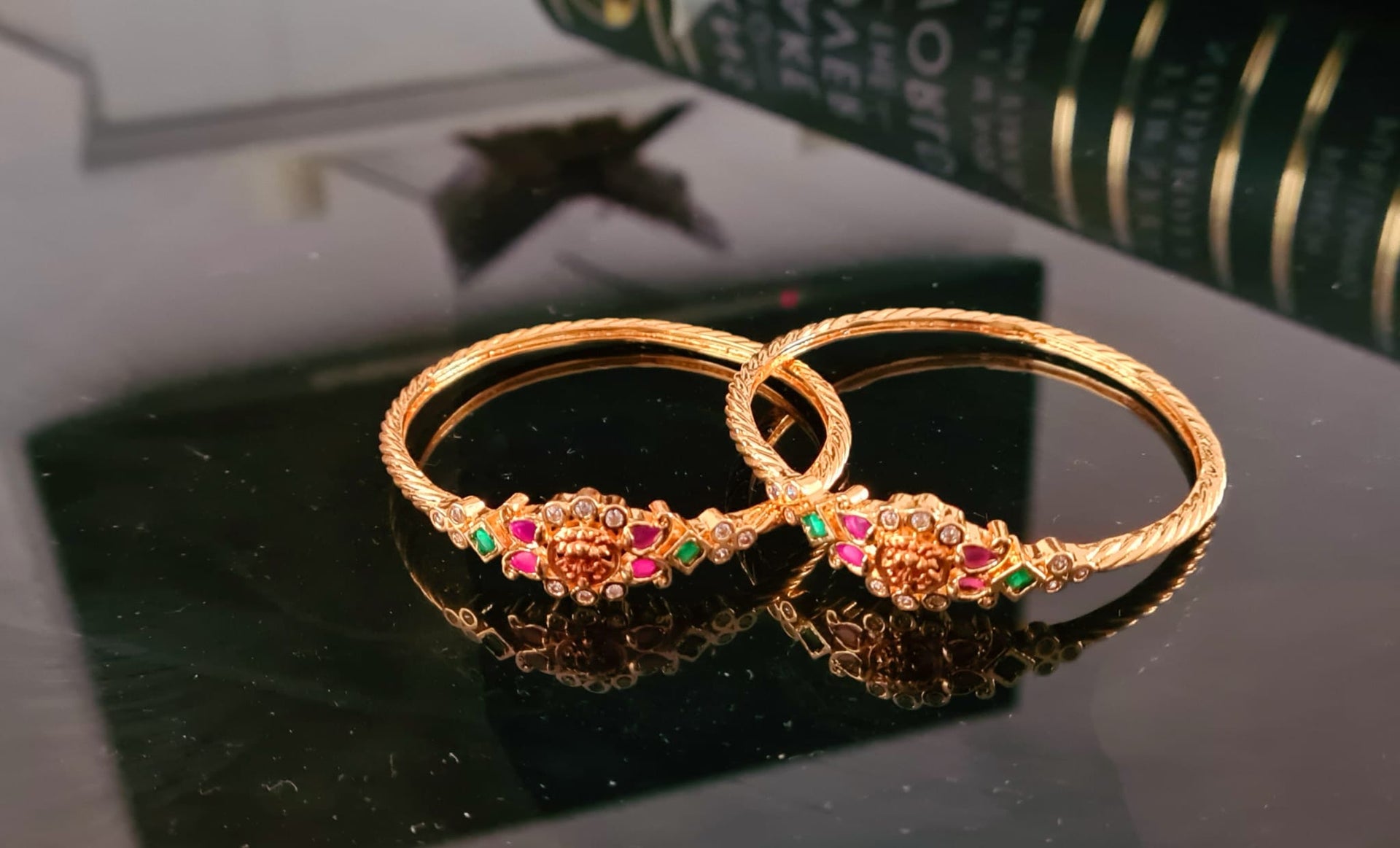 2 x Gold plated ruby and emerald  antique kada / bangle