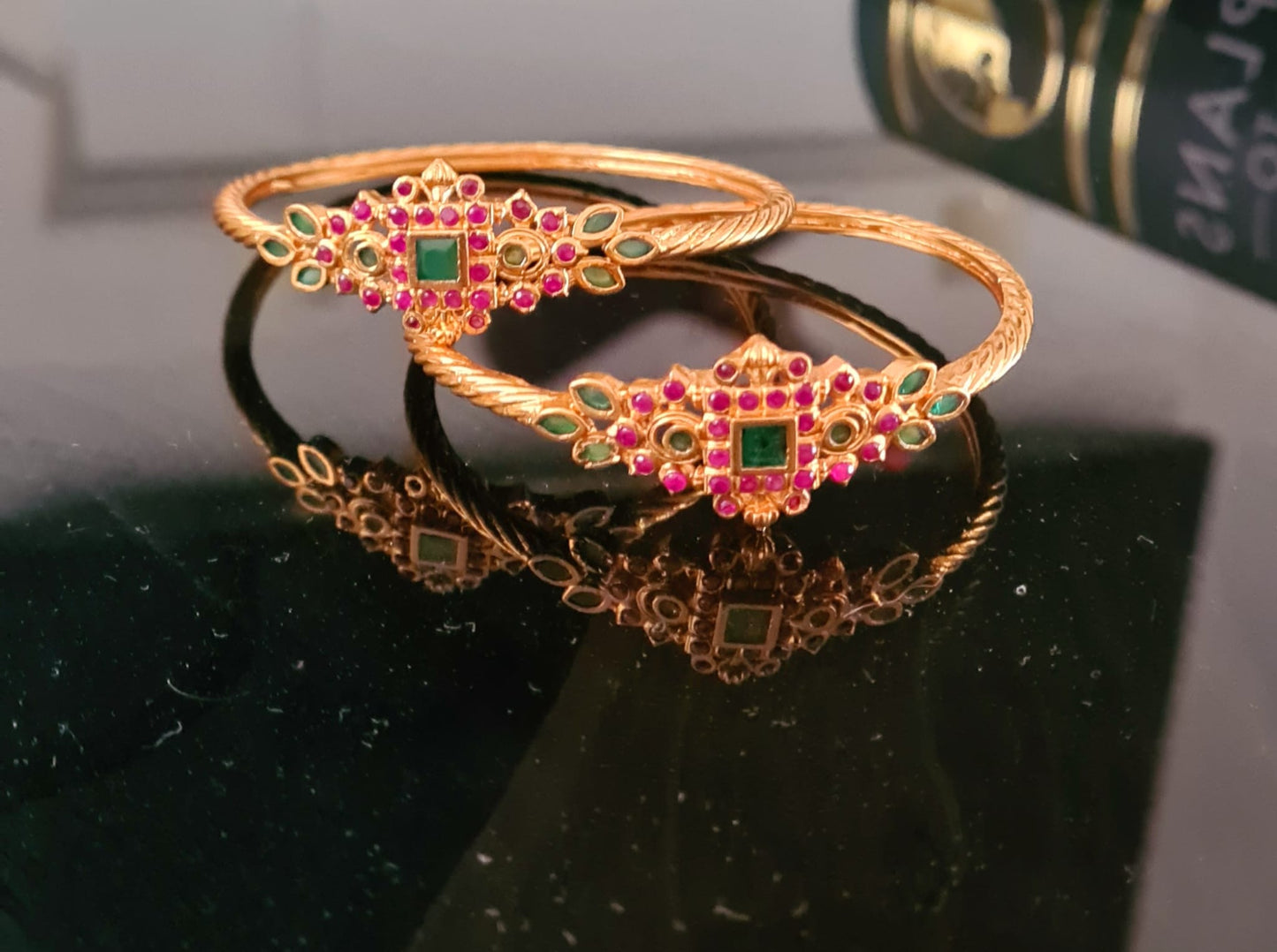 2 x Gold plated ruby and emerald  antique kada / bangle