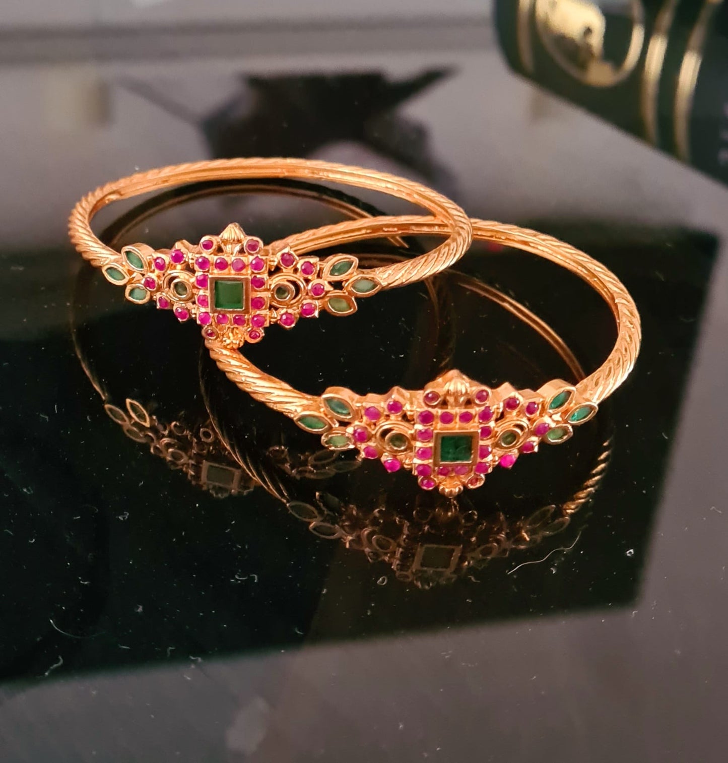 2 x Gold plated ruby and emerald  antique kada / bangle