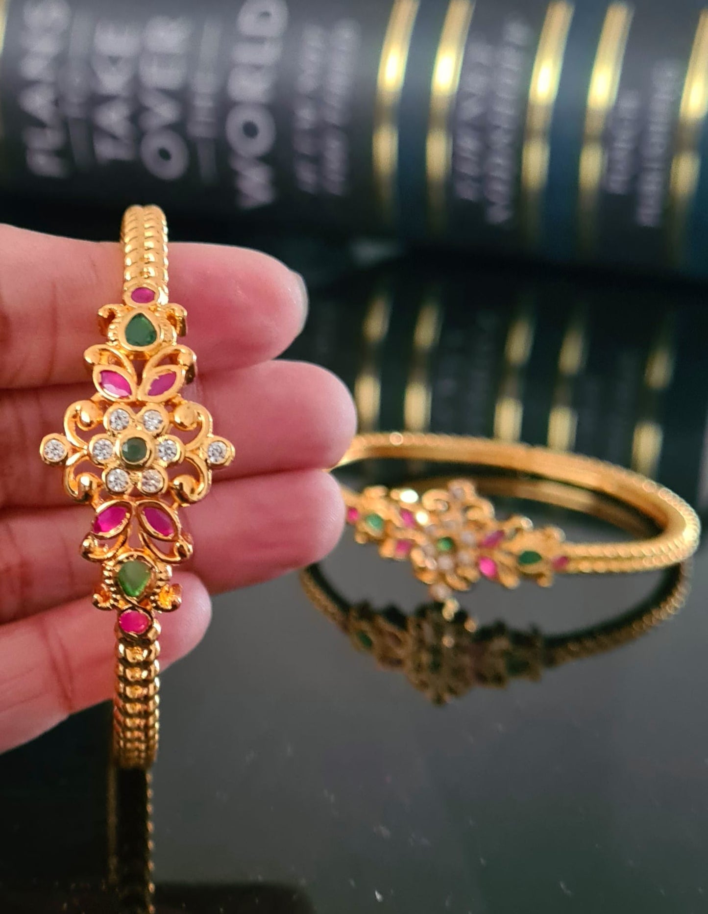 2 x Gold plated Ruby and Emerald antique kada / bangle