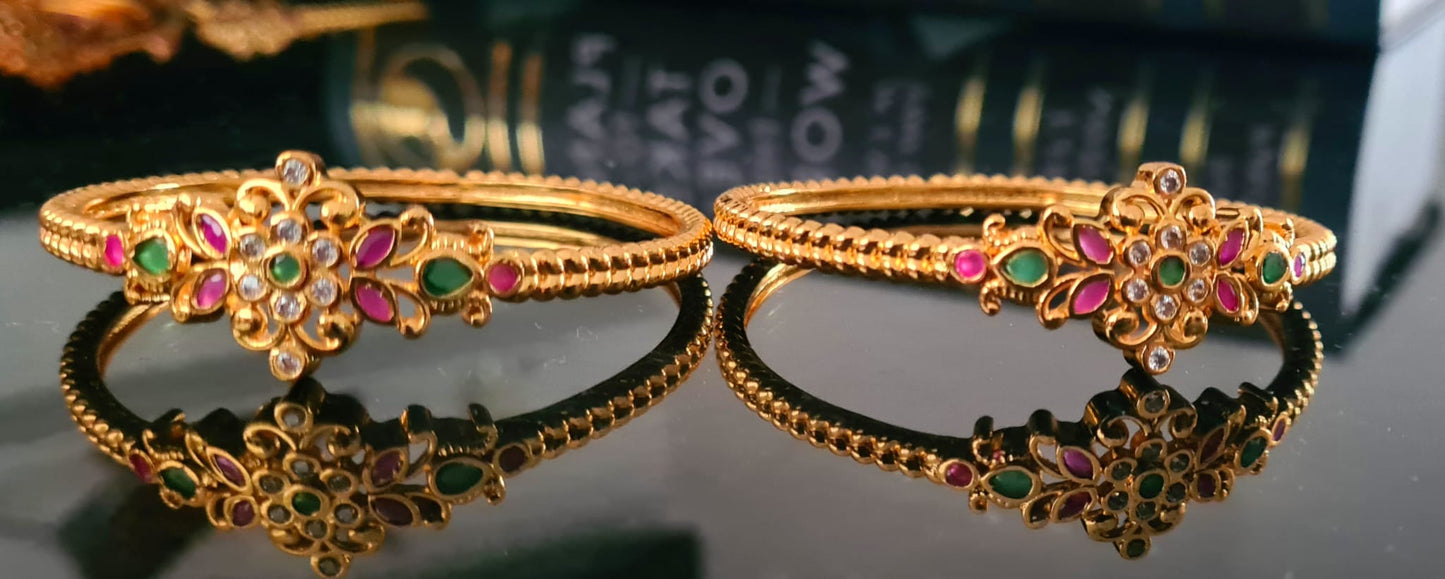 2 x Gold plated Ruby and Emerald antique kada / bangle