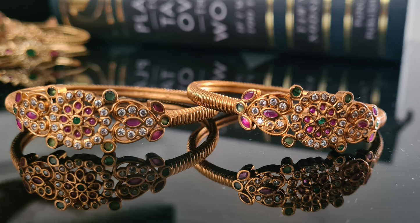 2 x Gold plated Ruby and Emerald antique kada / bangle
