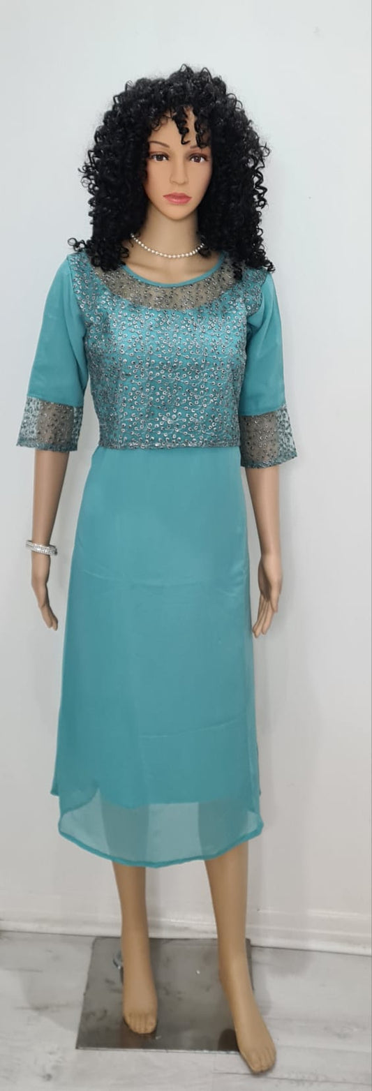 Georgette dress with lace work on yoke  and sleeves.