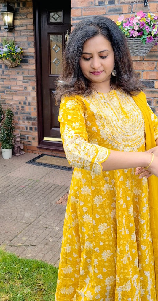 Pure cotton heavy embroidered Anarkali three piece suit